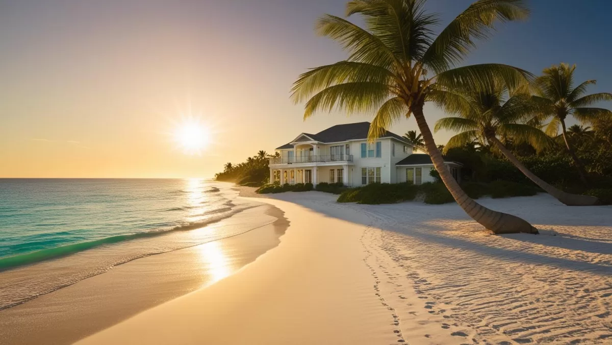 Casa frente a la playa con arena blanca, el mar, palmeras, el sol saliendo