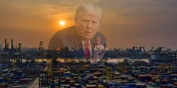 Ilustración de comercio y cara de Donald Trump