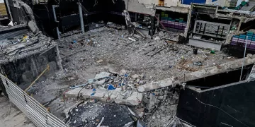This aerial view shows the cleaned area of the roof collapse at the Jet Set nightclub in Santo Domingo on April 11, 2025. Grief-stricken Dominicans began holding funerals for loved ones who were among at least 220 people killed in a nightclub rooftop collapse, even as dozens remained unaccounted for. (Photo by MARTIN BERNETTI / AFP) (Photo by MARTIN BERNETTI/AFP via Getty Images)