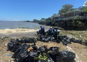 Brigadas del Distrito Nacional limpian playa afectada por arrastre del río Ozama