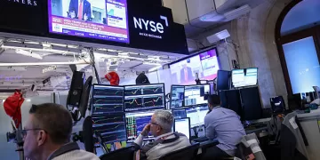 A tv broadcasts US President Donald Tump on the floor of the New York Stock Exchange (NYSE) in New York, US, on Thursday, June 5, 2025. Circle shares surged as much as 235% after the company and some of its shareholders raised nearly $1.1 billion in an initial public offering that was upsized twice amid strong demand. Photographer: Michael Nagle/Bloomberg via Getty Images