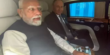 Prime Minister Narendra Modi and Russian President Vladimir Putin travelled in a car on the sidelines the SCO Summit in Tianjin, China. Photograph: ANI Photo